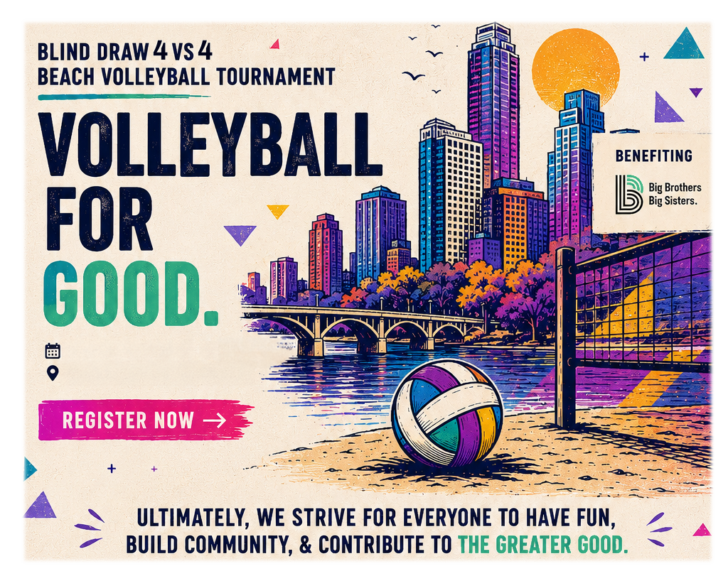 The Big Draw — Blind Draw 4s beach volleyball tournament, November 7th, 2026 at Aussies Grill & Beach Bar. Volleyball for Good, benefiting Big Brothers Big Sisters.